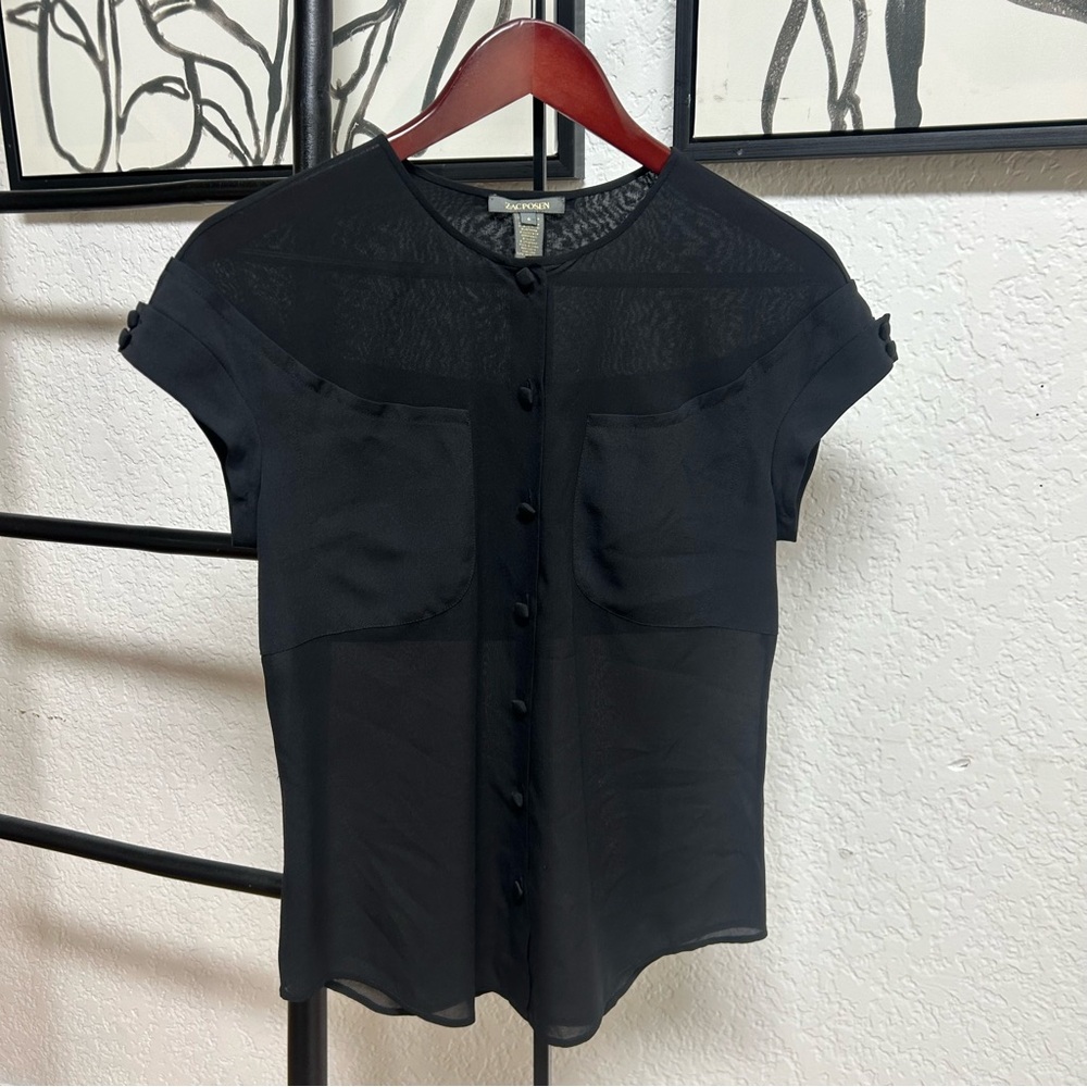 Zac Posen silk black button up with sheer panels 6 small dainty lightweight